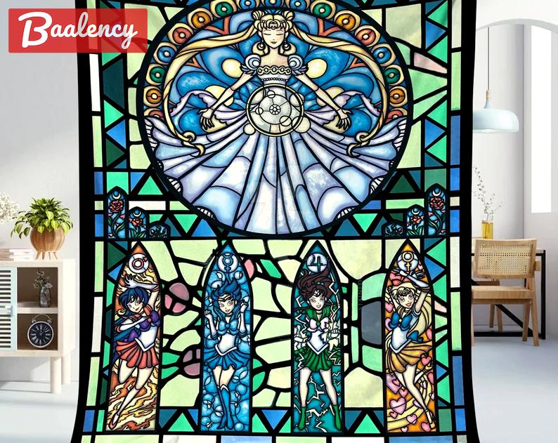 Sailor moon fleece blanket, sailor moon stained glass throw blanket for couch sofa, anime fan gifts, christmas gifts Quilt Blanket