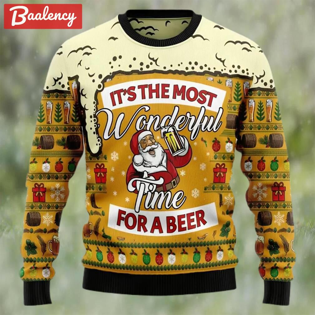 Santa claus wonderful time for a beer ugly christmas sweater, faux wool sweater, international beer day, gifts for beer lovers, best christmas gifts for 2022 Christmas Ugly Sweater