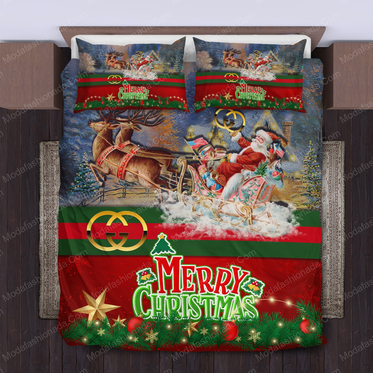 Santa clausâ€™s reindeer gucci logo type 1519 Bedding Sets bed linen luxury ideas blankets hyperbeast Bedroom bedspread duvet covers bedclothes home decor premium fashion brand sheets