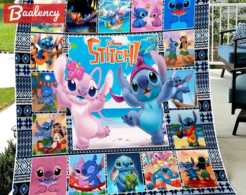 Stitch and angel fleece blanket, stitch throw blanket for couch sofa, stitch couple gifts, stitch birthday gift, christmas gifts Quilt Blanket