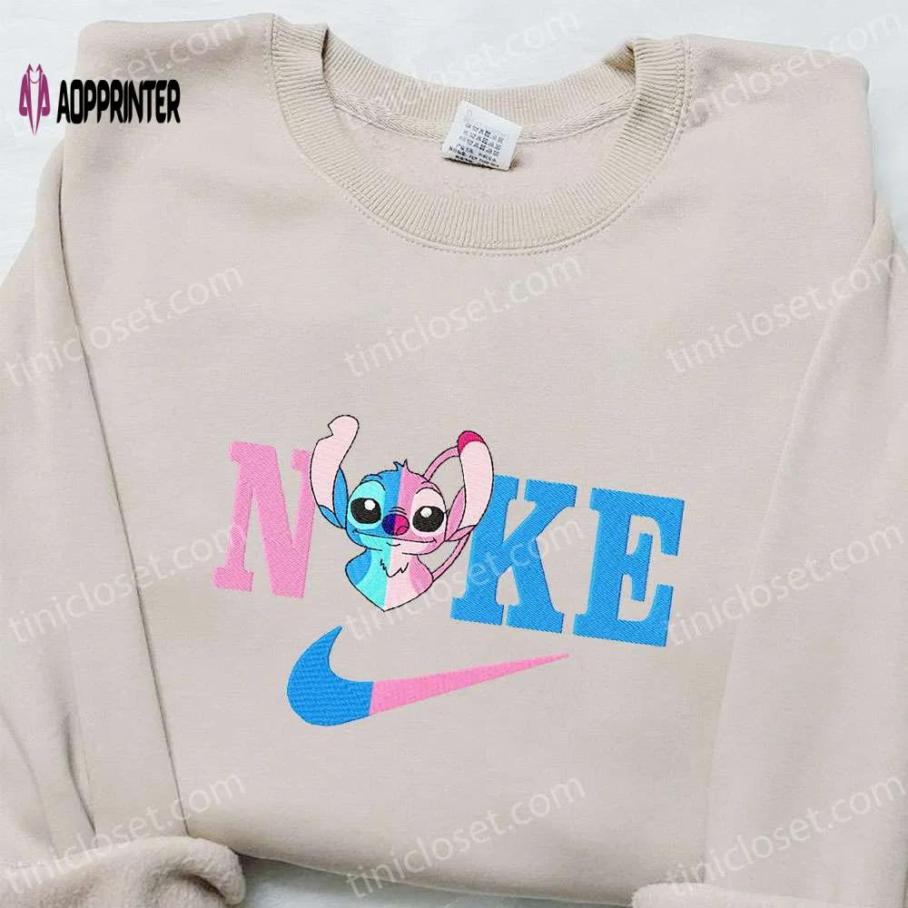 Stitch angel couple love x nike cartoon embroidered shirt – lilo and stitch nike inspired design Embroidered Shirt