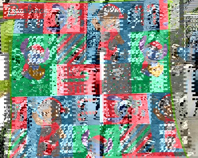 Stitch christmas fleece blanket, stitch and angel throw blanket for couch sofa, stitch birthday gift, christmas gifts Quilt Blanket