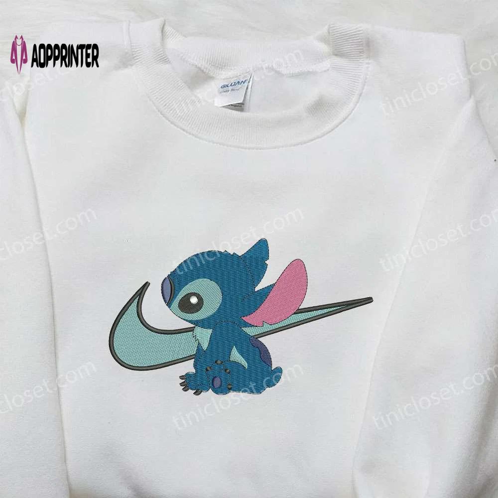 Stitch x nike swoosh & lilo cartoon embroidered sweatshirt – nike inspired shirt Embroidered Shirt