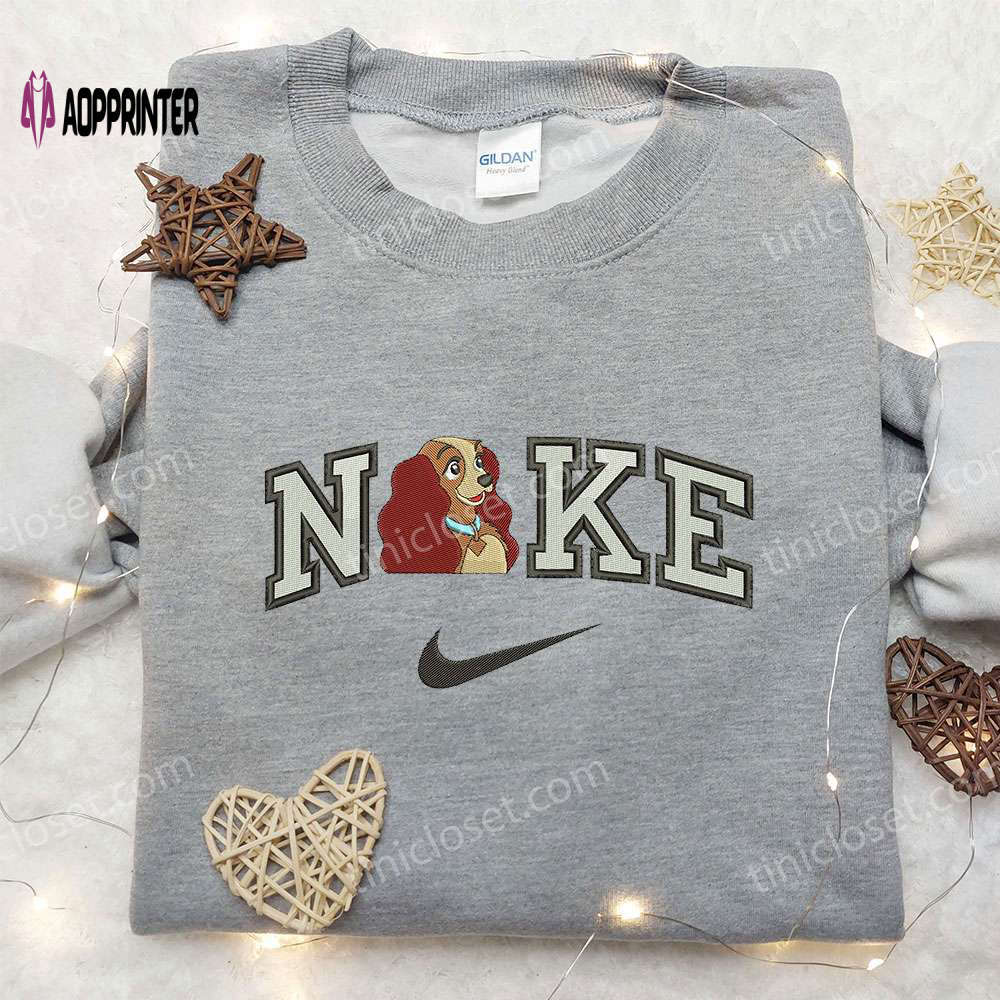 Stylish lady x nike embroidered shirt – lady and the tramp design – customizable nike shirt Embroidered Shirt