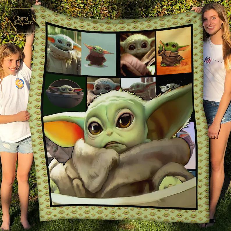 Unique baby yoda fleece blanket, mink sherpa blanket, baby yoda blanket, baby yoda lovers gift Quilt Blanket