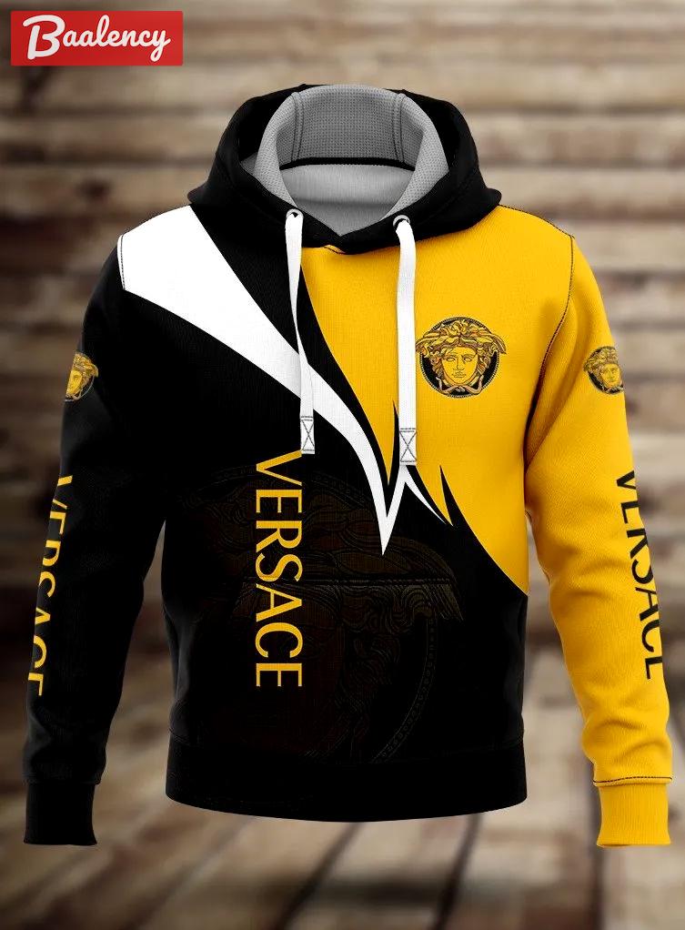 Versace black white yellow luxury unisex premium hoodie luxury brand outfit for men women Hoodie 3D