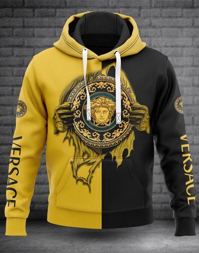 Versace black yellow luxury unisex premium hoodie luxury brand outfit for men women Hoodie 3D