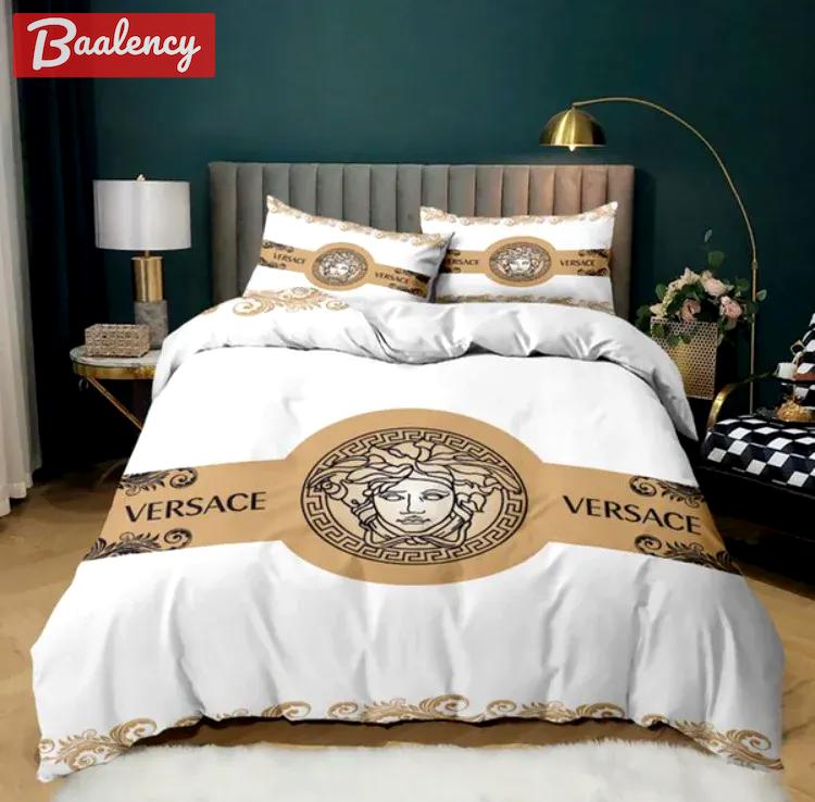 Versace logo luxury brand bedding sets bedspread duvet cover set, bedroom decor , thanksgiving decorations for home best luxury bed sets gift thankgivings and christmas Bedding Sets