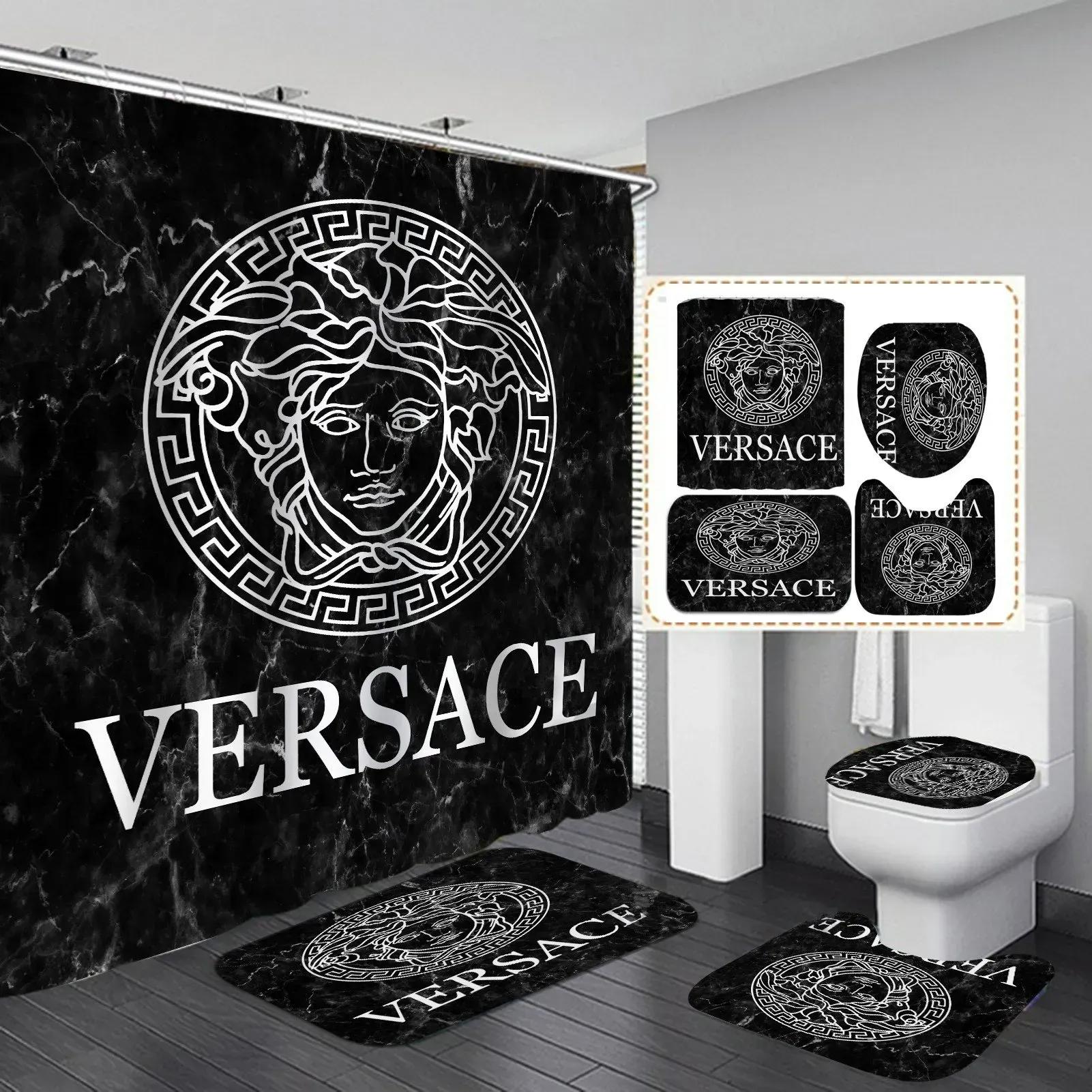 Versace logo type 1004 Bathroom Accessory Sets Pedestal Rug Waterproof Shower Curtain Luxury Fashion Brand Home Decor Bath Mat Set Bathroom Sets Hypebeast Bathroom Toilet Cover