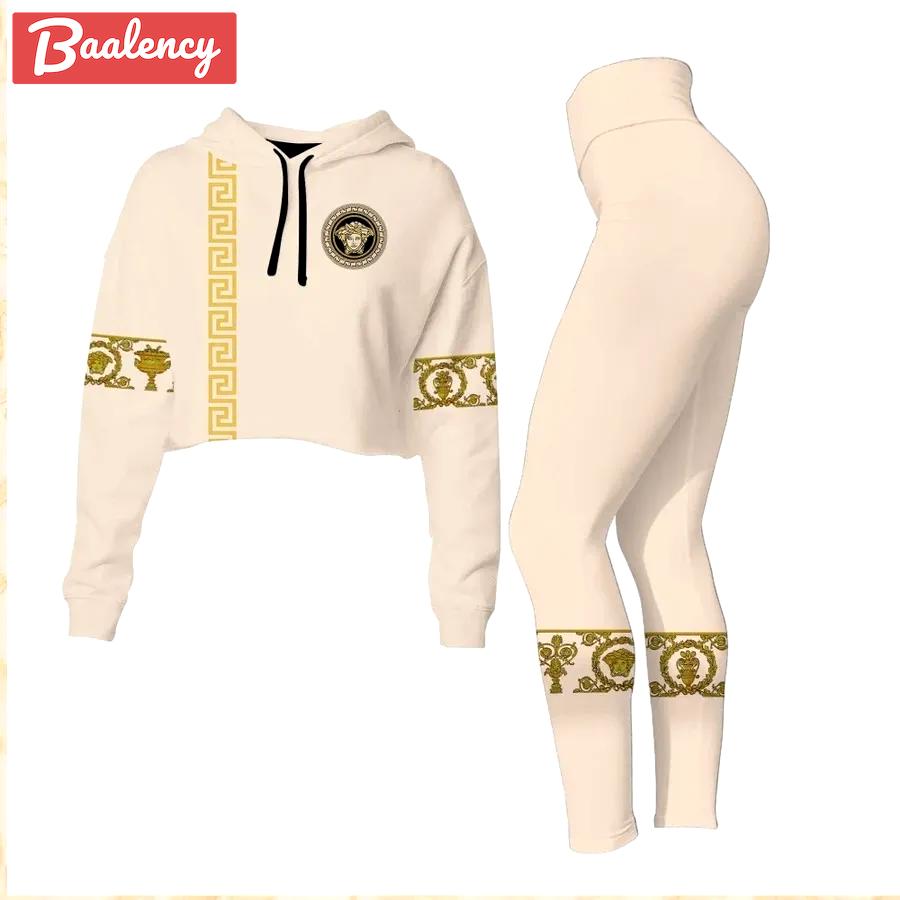 Versace medusa cream luxury brand clothes leggings and crop top set for women Croptop Hoodie Legging Set