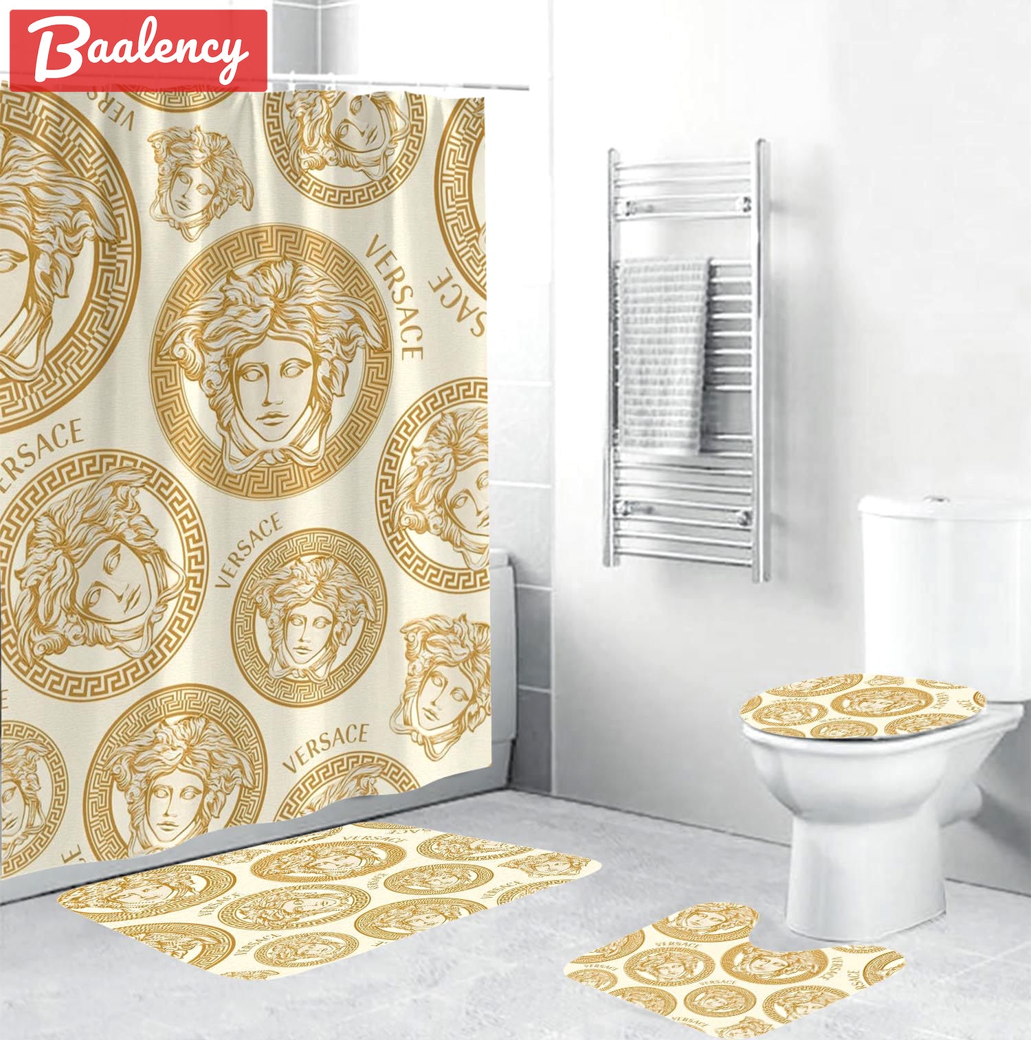 Versace yellowpattern in beige background bath mat home decor luxury fashion brand hypebeast bathroom sets Bathroom Set
