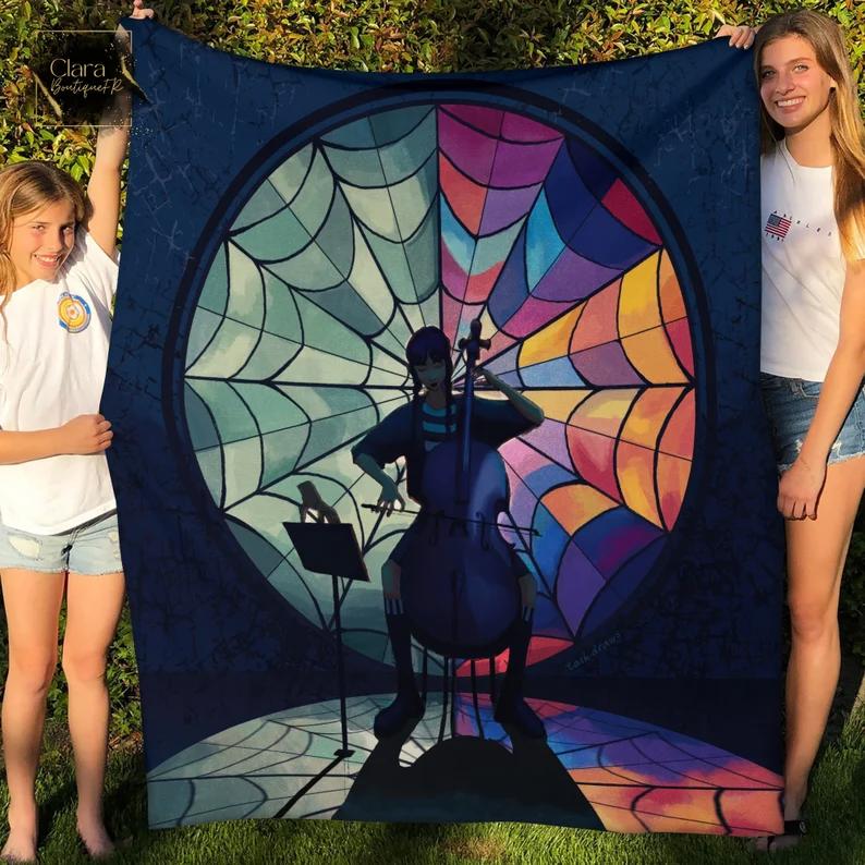 Wednesday addams playing cello fleece blanket, mink sherpa blanket, wednesday addams quilt, cello quilt, addams family blanket Quilt Blanket