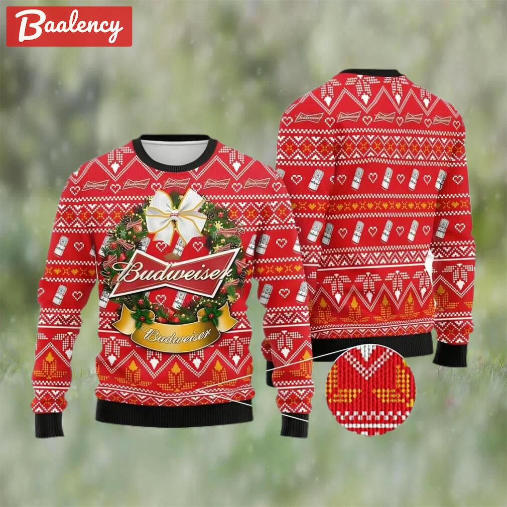 Wreath budweiser beer ugly christmas sweater, faux wool sweater, gifts for beer lovers, international beer day, best christmas gifts for 2022 ? prinvity Christmas Ugly Sweater