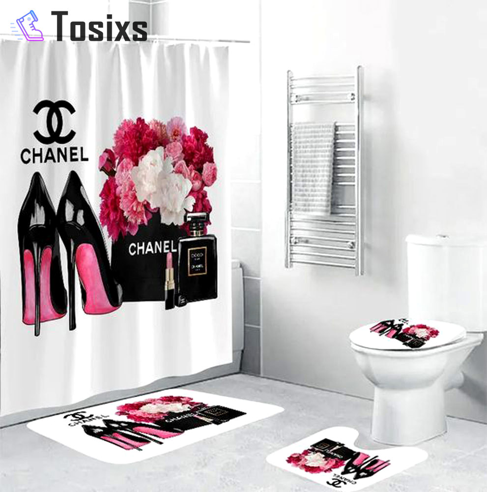 Chanel bling bathroom set hot 2023 luxury shower curtain bath rug mat