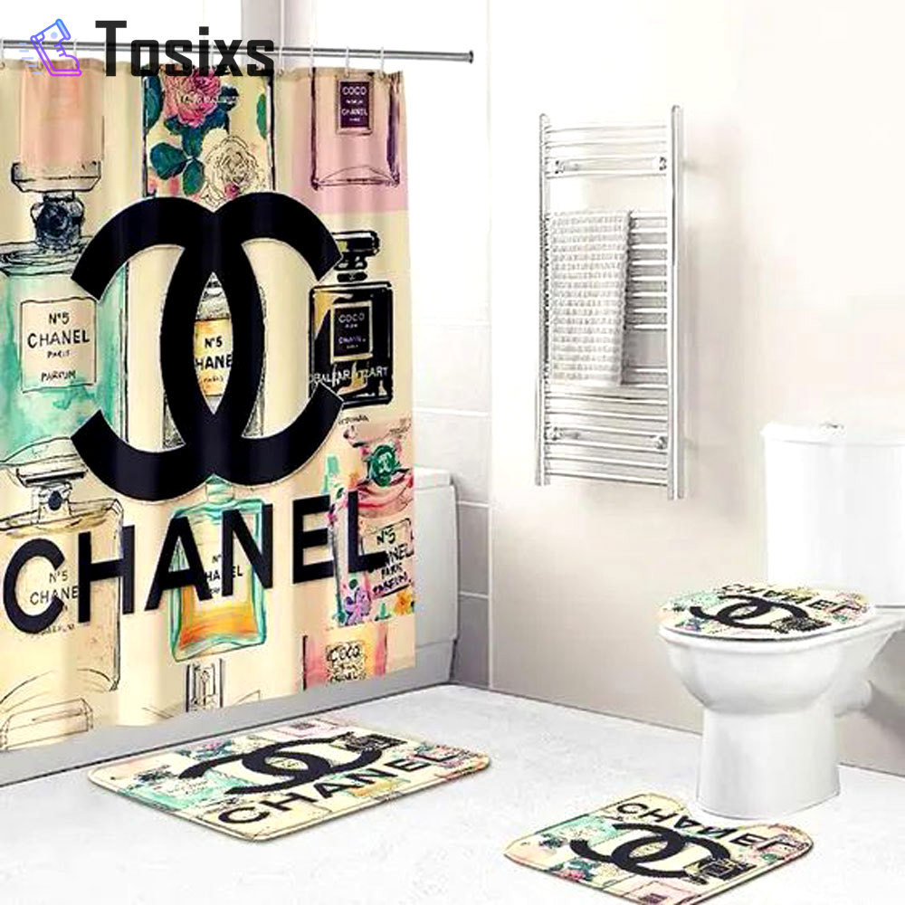 Chanel perfume bathroom set hot 2023 luxury shower curtain bath rug mat home decor 273 Bathroom
