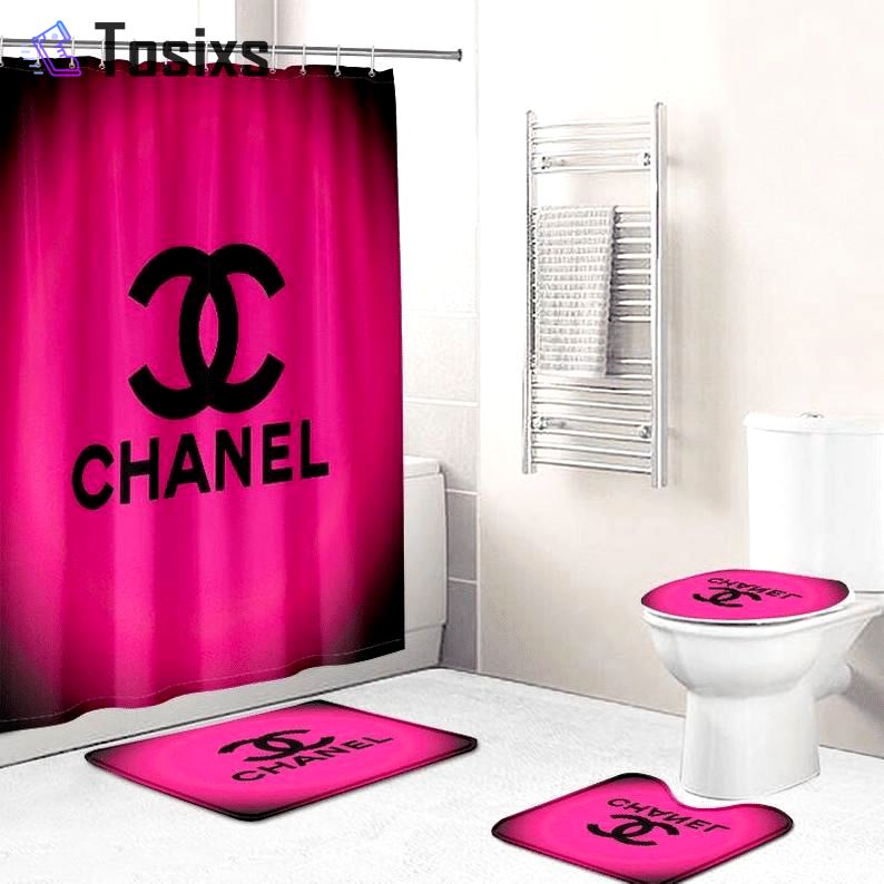 Chanel pink bathroom set hot 2023 luxury shower curtain bath rug mat