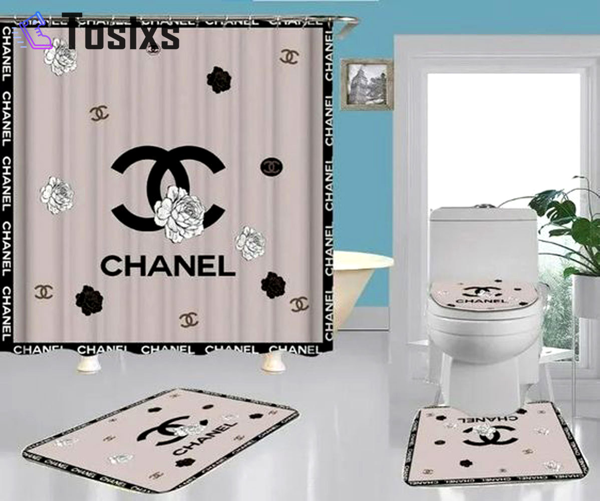 Chanel bathroom set hot 2023 luxury shower curtain bath rug mat home