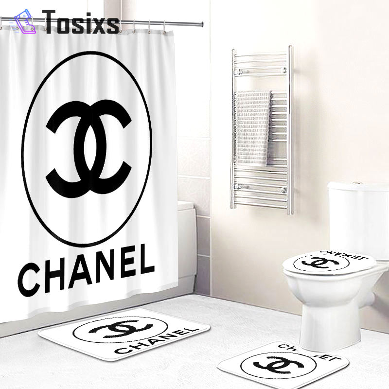 Chanel shower curtain white and black circel logo luxury bath mat sets