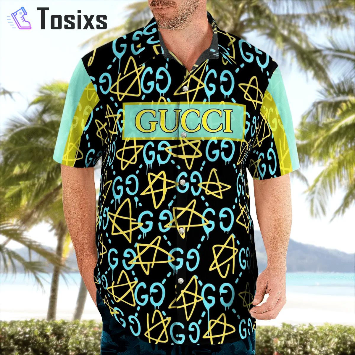 Gucci light blue yellow pattern black luxury brand premium fashion hawaii shirt for men 36 Hawaii Shirt