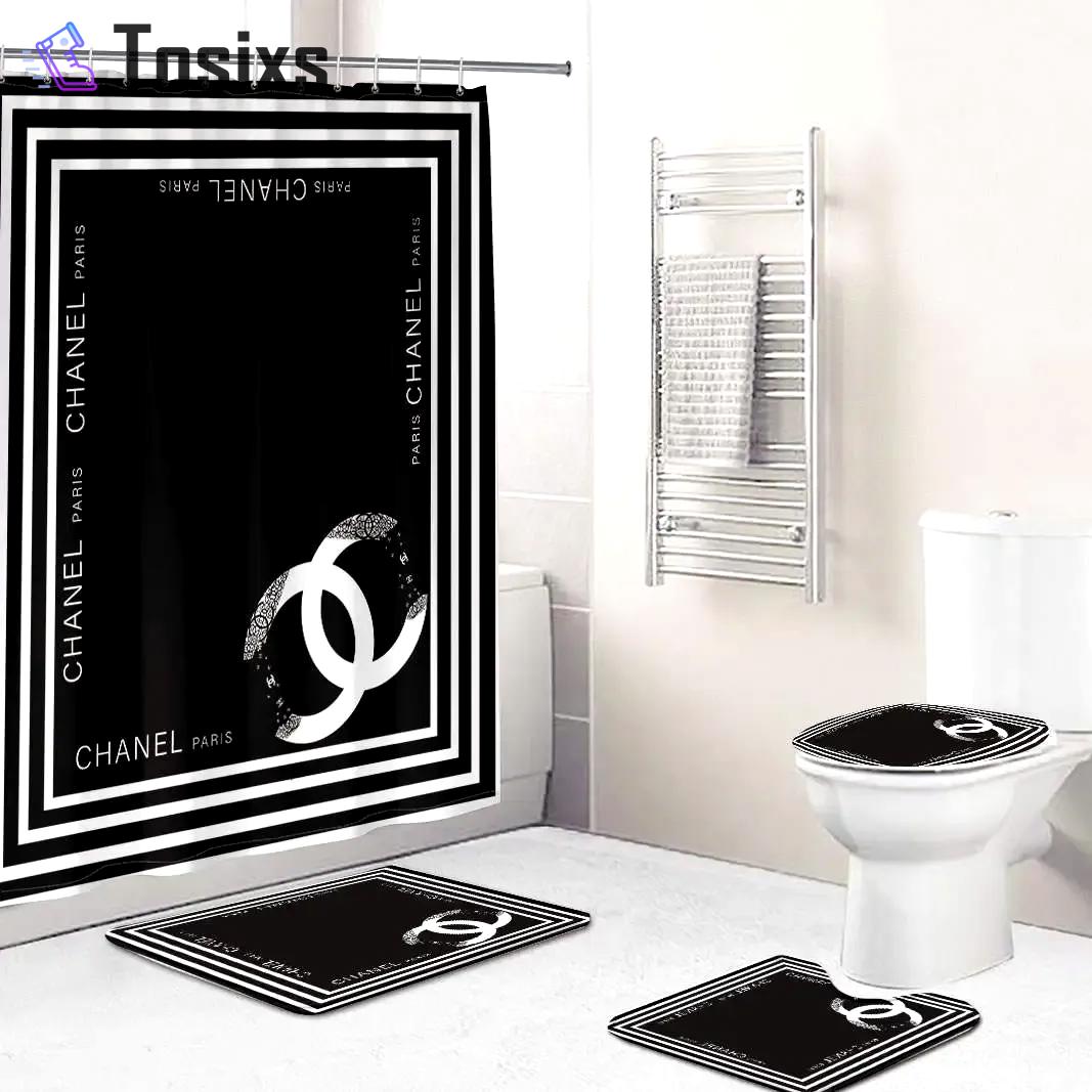 Chanel shower curtain black and white logo stripe luxury bathroom set 22 Bathroom Set
