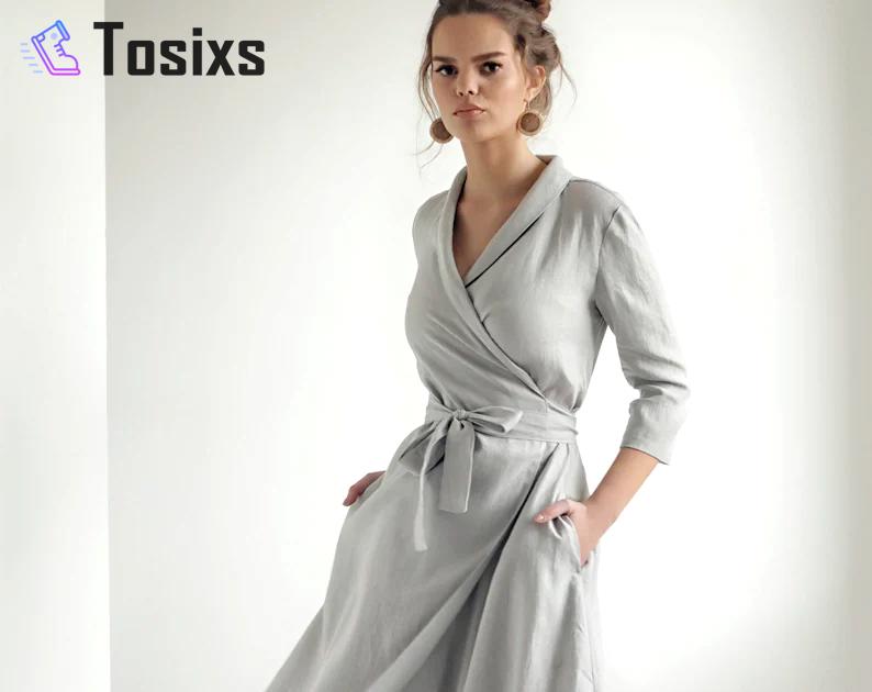 Linen wrap dress marlena, linen dress shawl collar, linen dress with belt, summer dress, natural linen dress, grey wrap dress