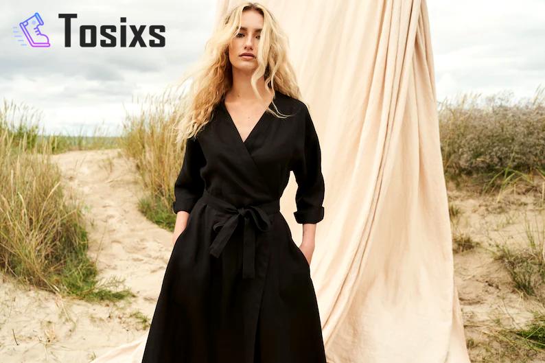 Long linen wrap dress thalia, elbow sleeves linen dress in black, below the knee length linen dress with kimono sleeves, a line linen dress