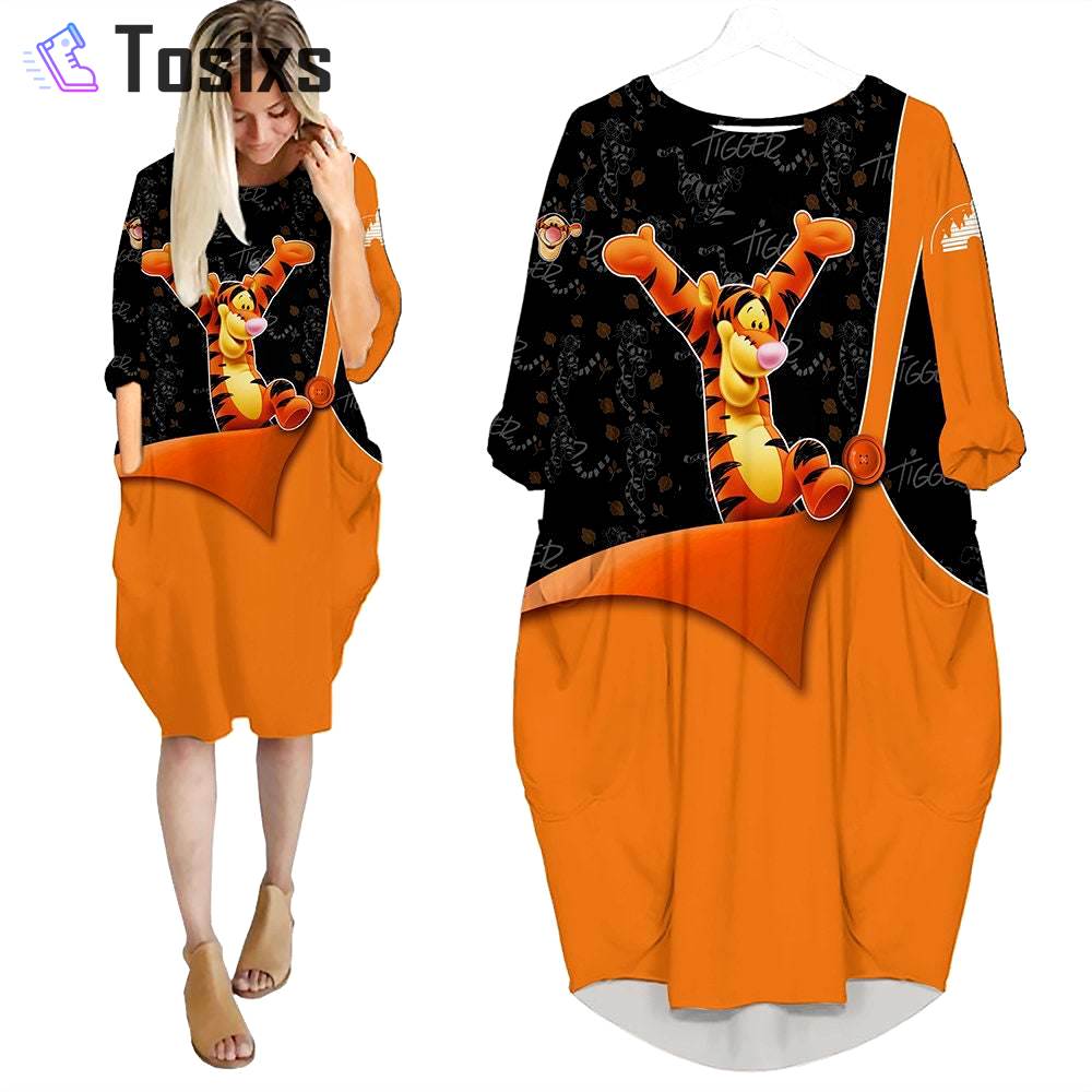 Tigger winnie the pooh cute disney cartoon batwing pocket dress outfits women hn Batwing Pocket Dress