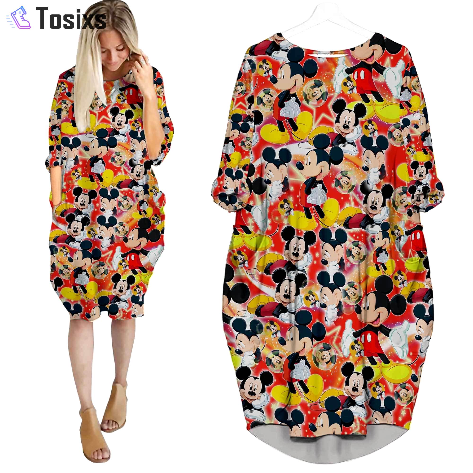 Mickey mouse orange pattern cute disney cartoon batwing pocket dress outfits women hn Batwing Pocket Dress