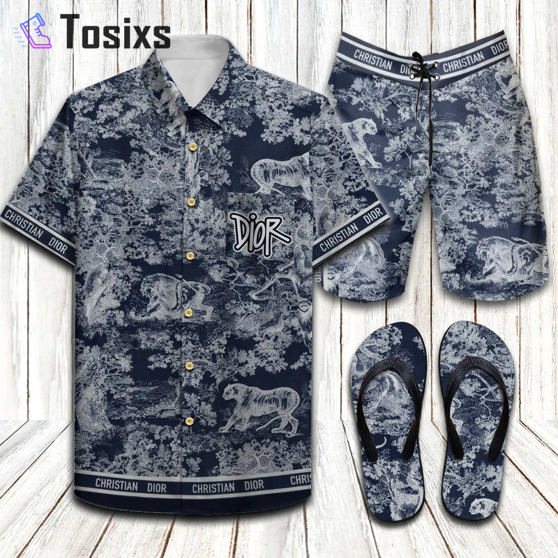 Christian dior tiger luxury brand hawaiian shirt shorts and flip flops combo