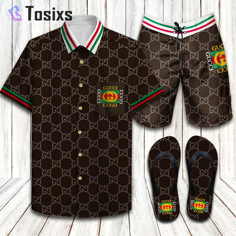Gucci luxury brand limited unisex combo hawaiian shirt shorts and flip flops