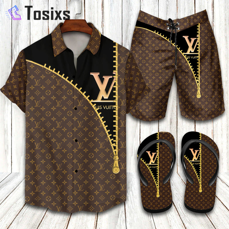 Lv paris brand hawaiian shirt beach shorts and flip flops combo