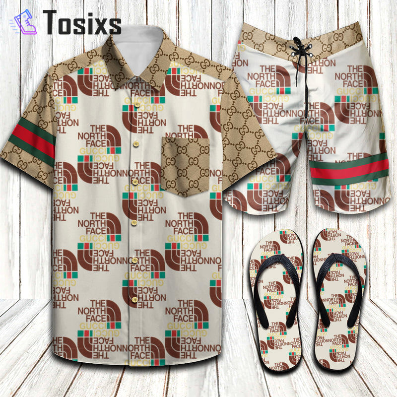 The north face gucci limited hawaiian shirt shorts and flip flops combo