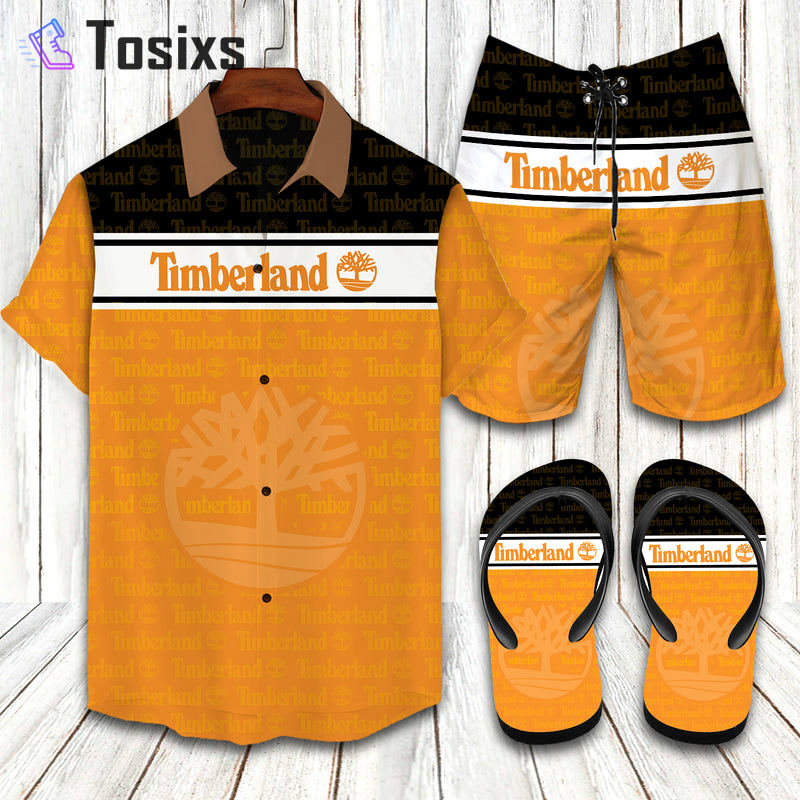 Timberland logo print orange hawaiian shirt shorts and flip flops combo