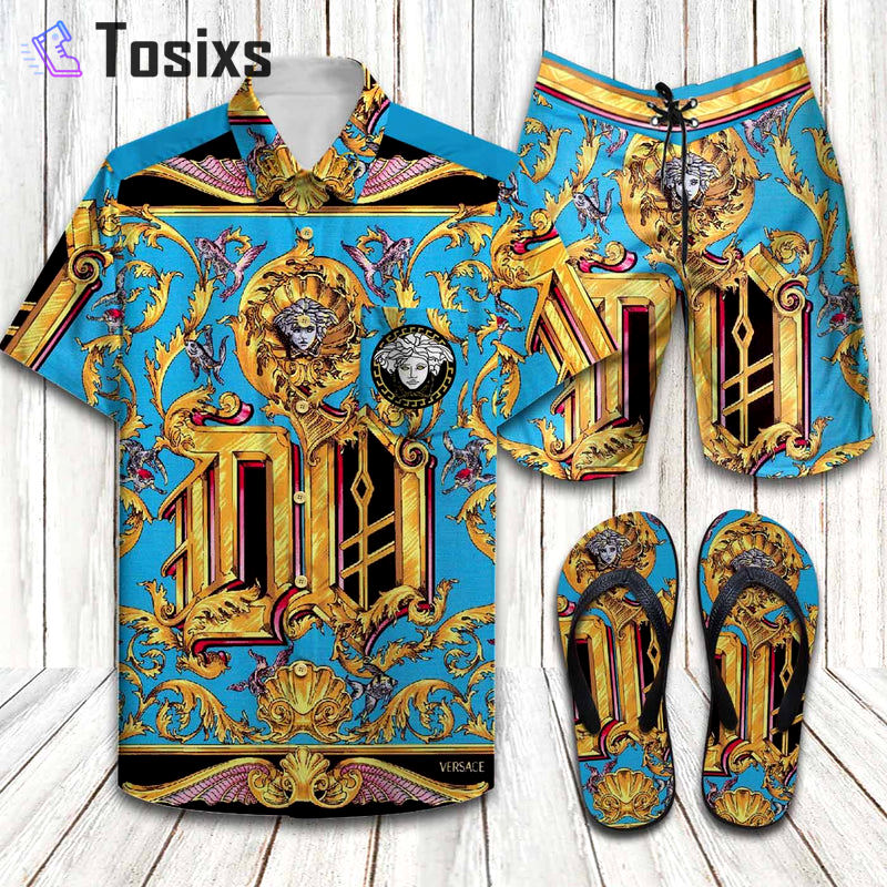 Versace barocco acanthus hawaiian shirt shorts and flip flops combo