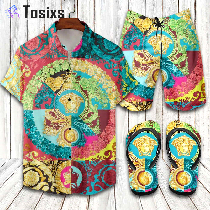 Versace sustainable voyage barocco hawaiian shirt beach shorts and flip flops combo