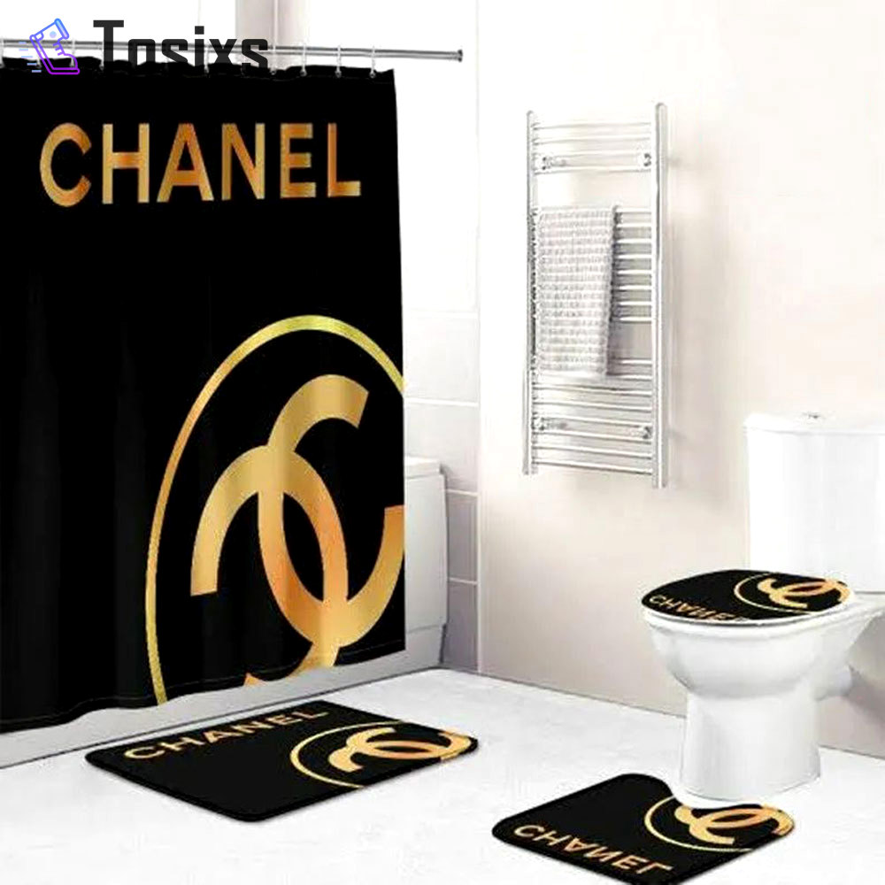 Chanel black bathroom set hot 2023 luxury shower curtain bath rug mat
