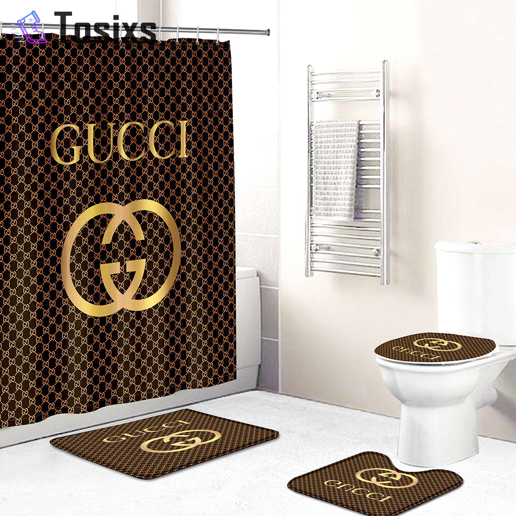 Gucci luxury bath mat sets brown and gold bath mat sets shower curtain 243 Bathroom Set