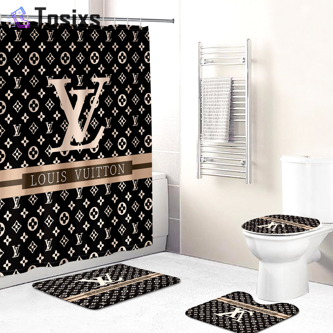 Louis vuitton lv monogram bathroom set hot 2023 luxury shower curtain bath rug mat home decor 128 Bathroom Accessory Sets