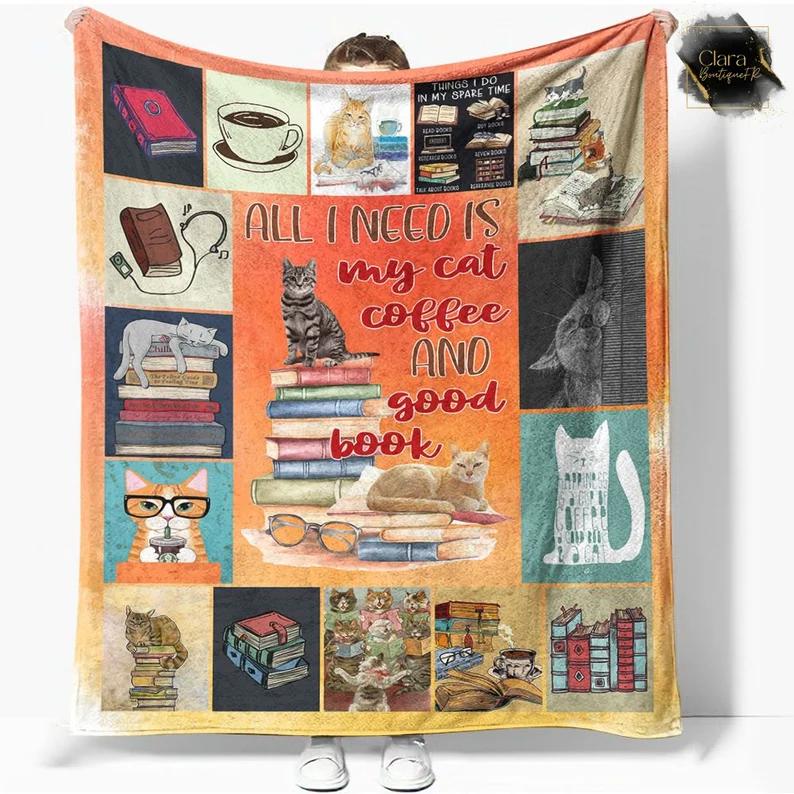 All i need is my cats coffee and good book fleece blanket, mink sherpa blanket, cat blanket, coffee blanket, gift for coffee lovers Quilt Blanket