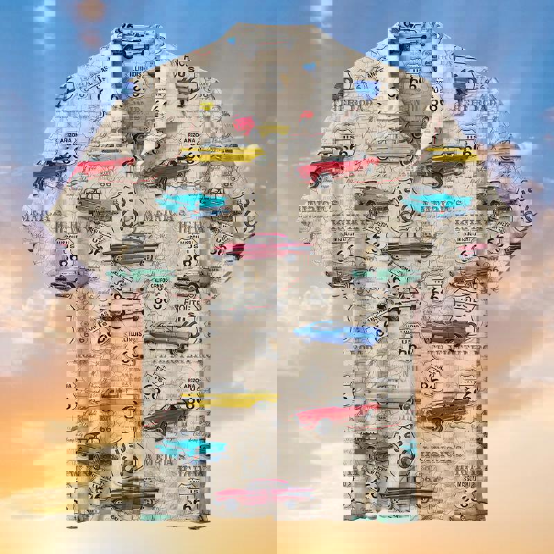 Amazing vintage muscle car on route 66 hawaiian shirt for men and women Hawaii Shirt Shorts & Flip Flops