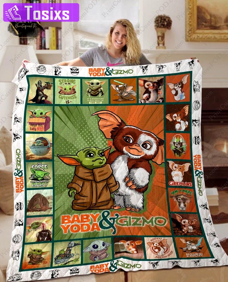 Baby yoda and gizmo fleece blanket, mink sherpa blanket, gizmo blanket, baby yoda quilt Quilt Blanket