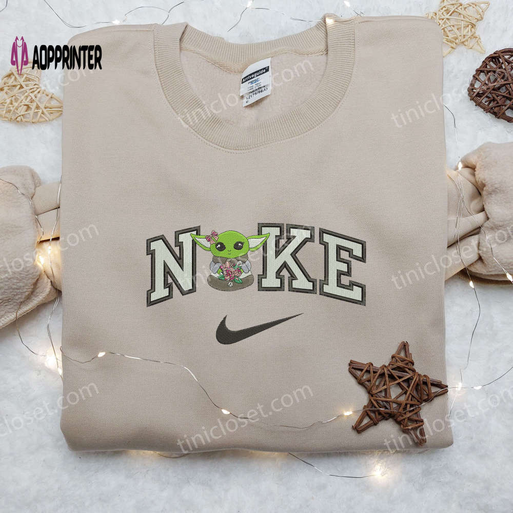 Baby yoda flower & movie cartoon star wars nike embroidered shirt Embroidered Shirt