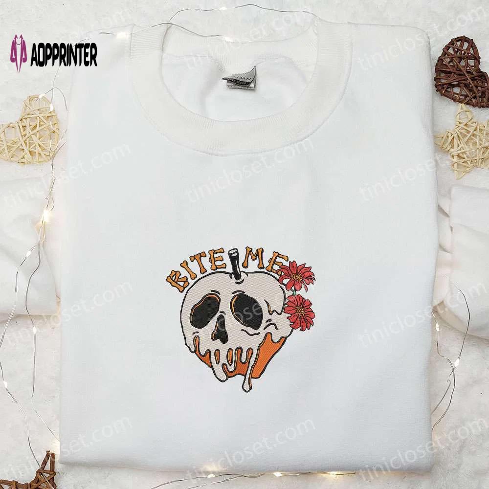 Bite me skull poison apple halloween embroidered shirt – best halloween gift for family Embroidered Shirt
