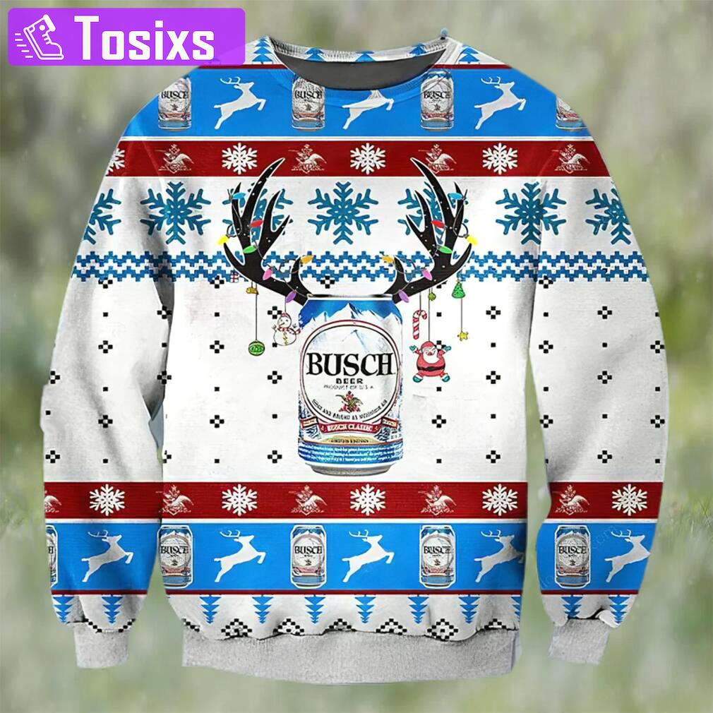 Busch beer deer horn ugly christmas sweater, faux wool sweater, gifts for beer lovers, international beer day, best christmas gifts for 2022 ? prinvity Christmas Ugly Sweater