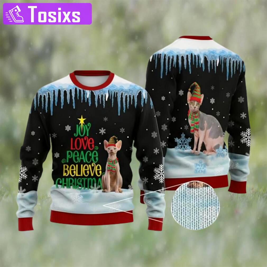 Cat christmas sweater, sphynx cat joy love peace believe ugly christmas sweater Christmas Ugly Sweater
