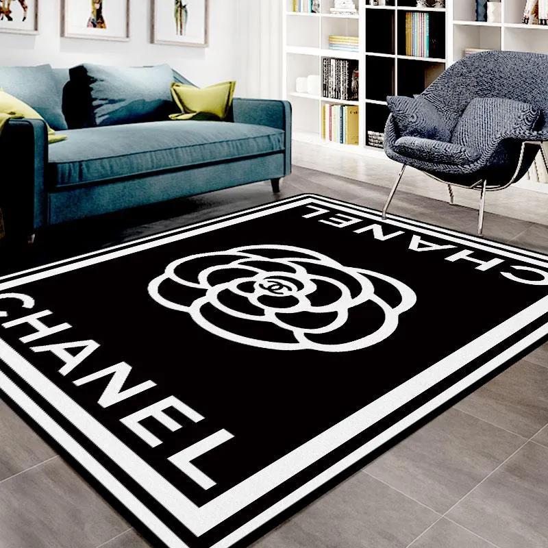 Chanel black logo type 249. Upgrade Your Living Room with Luxury Home Decor: Area Carpets, Floor Decor, Door Mats, and Hot Gift Items with style a High-End Fashion Brand Rectangle Rug