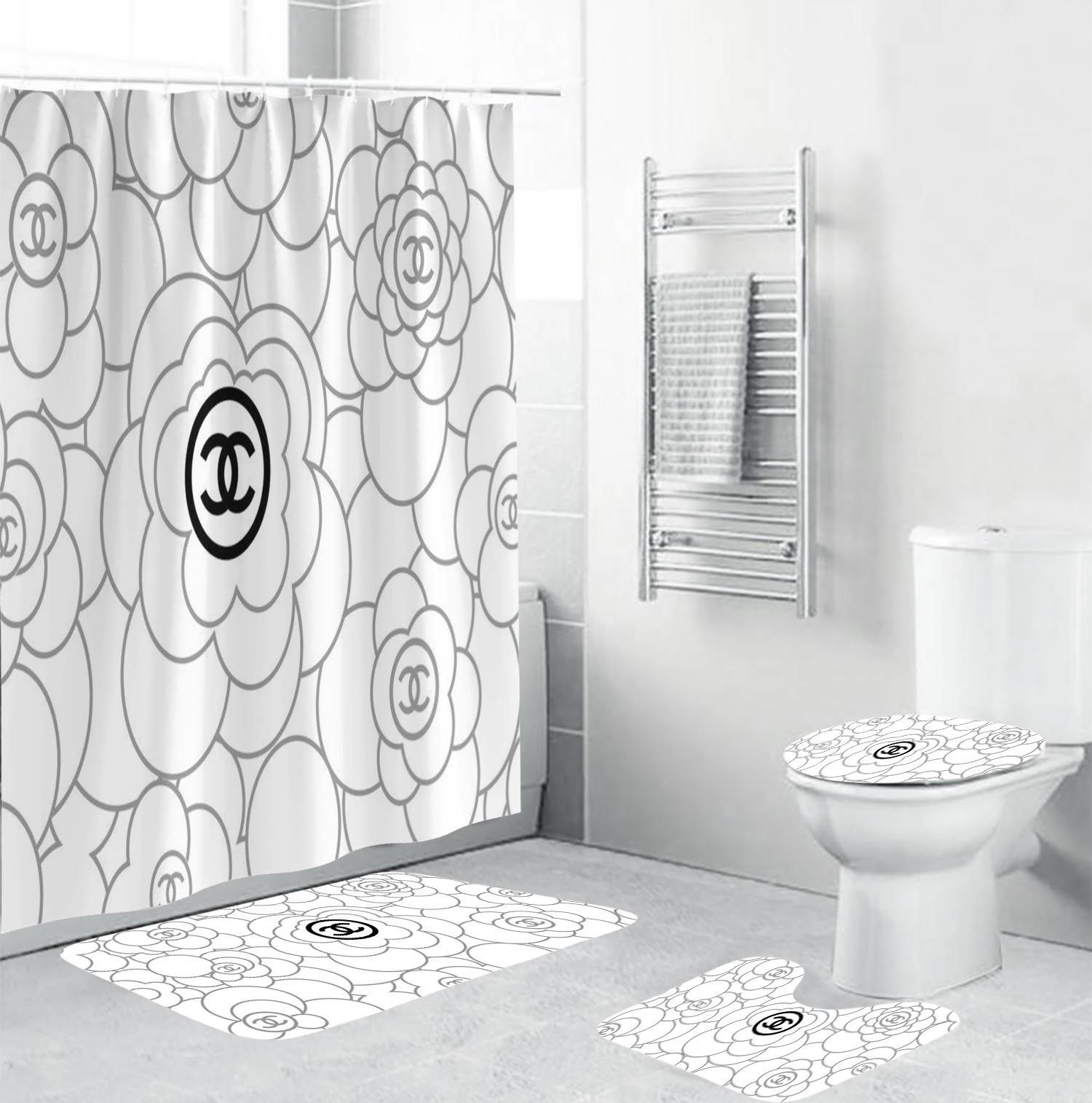 Chanel black signature flowers in white back ground luxury fashion brand bathroom sets hypebeast bath mat home decor Bathroom Set