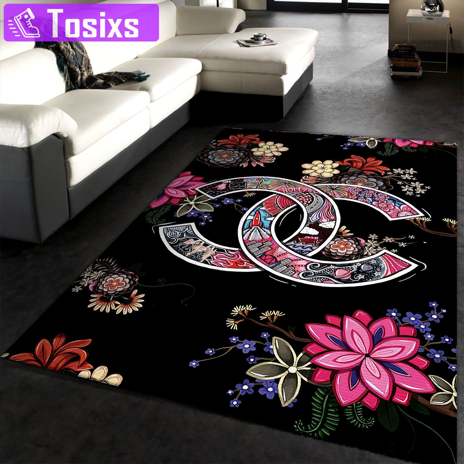 Chanel flowers art logo type 569. Upgrade Your Living Room with Luxury Home Decor: Area Carpets, Floor Decor, Door Mats, and Hot Gift Items with style a High-End Fashion Brand Rectangle Rug