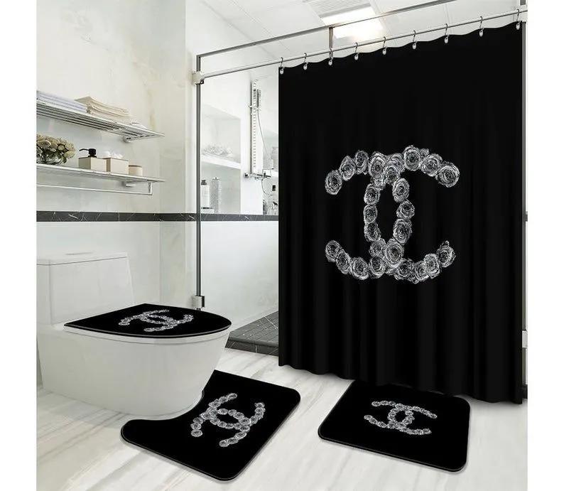 Chanel logo type 770 Bathroom Accessory Sets Waterproof Shower Curtain Bath Mat Set Toilet Cover Bathroom Sets Pedestal Rug Home Decor Hypebeast Bathroom Luxury Fashion Brand