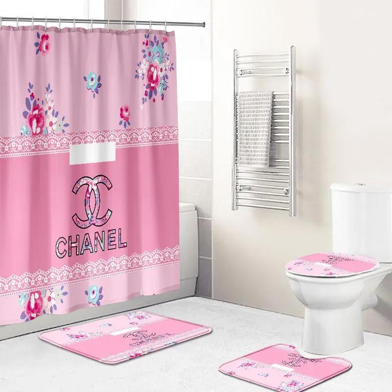 Chanel pink and flowers luxury fashion brand hypebeast bathroom sets home decor bath mat Bathroom Set